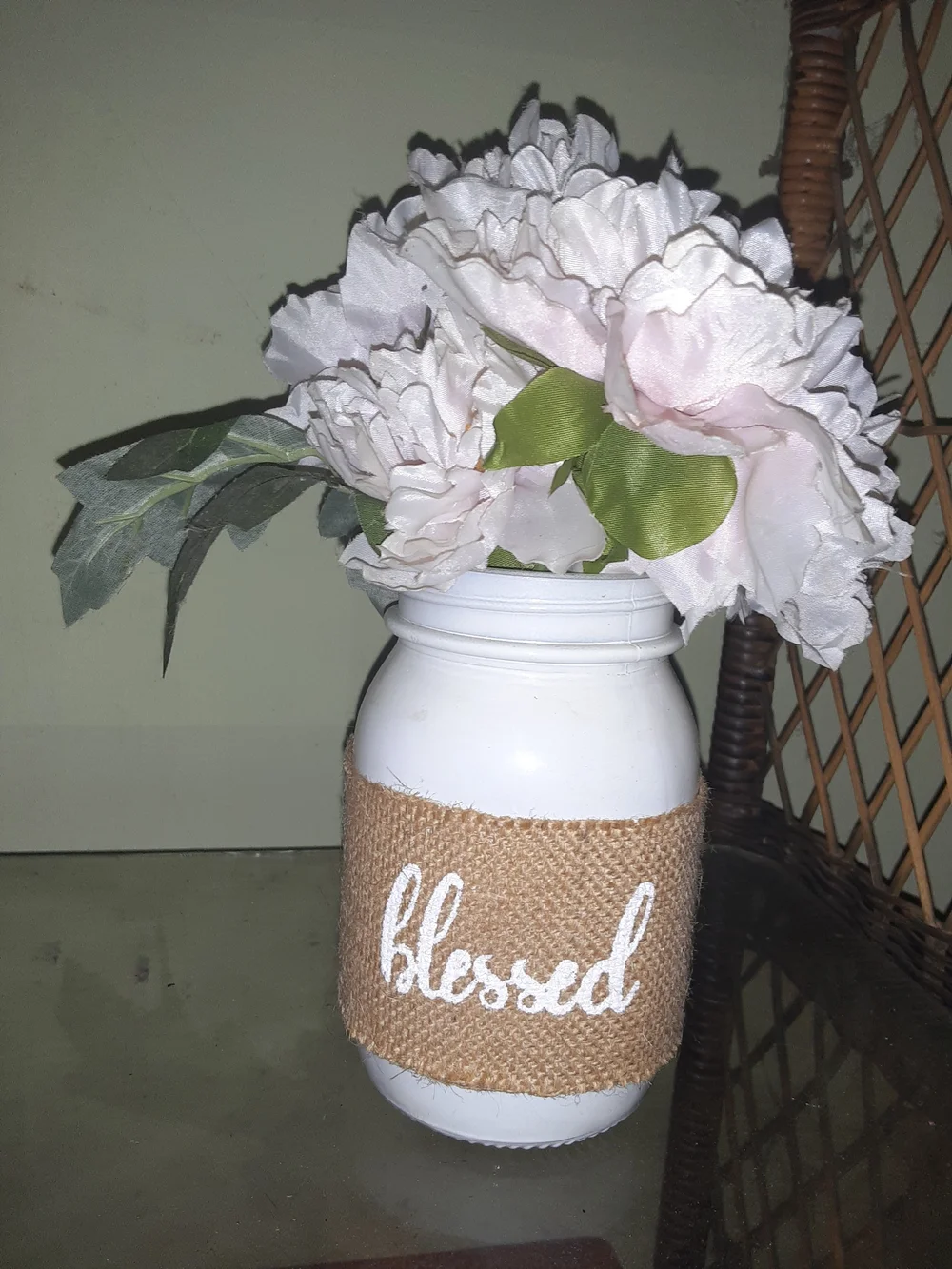 Neutral White Mason Jar Vase with 'Blessed' Burlap Band and Light Pink Flowers